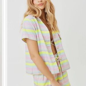 Frankies Bikinis Lou Linen Neon Striped Shirt